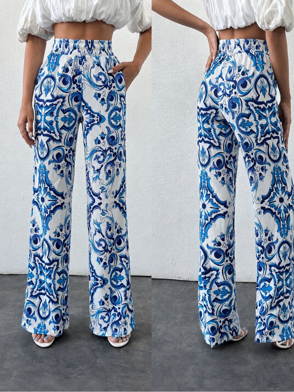 Blue Tile-Print Wide Leg Pants